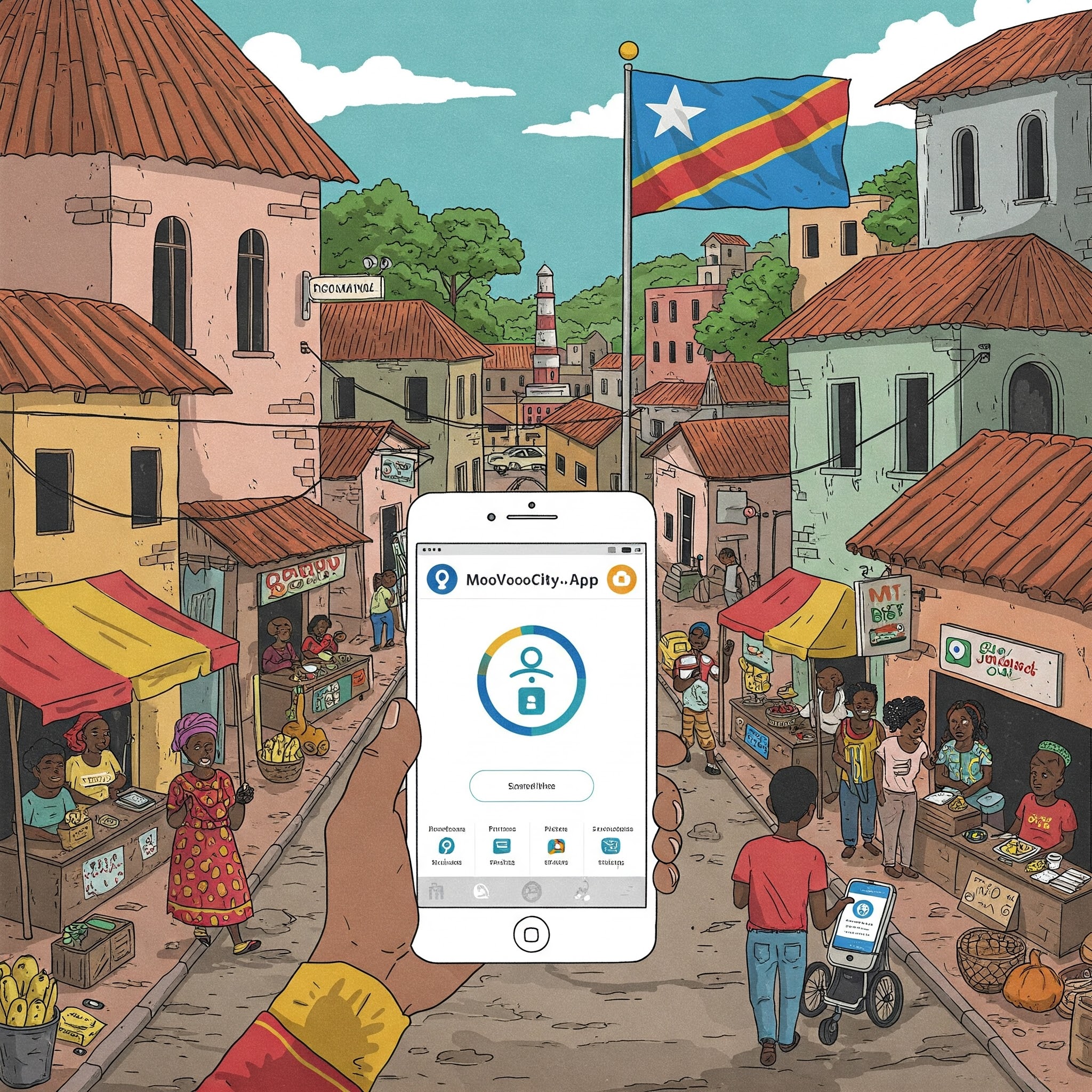 Illustration showing MooVooCity app and services in action