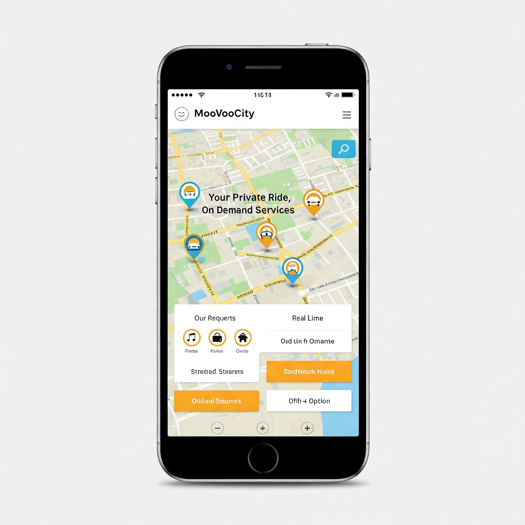 MooVooCity car arriving for an on-demand pickup with app interface overlay