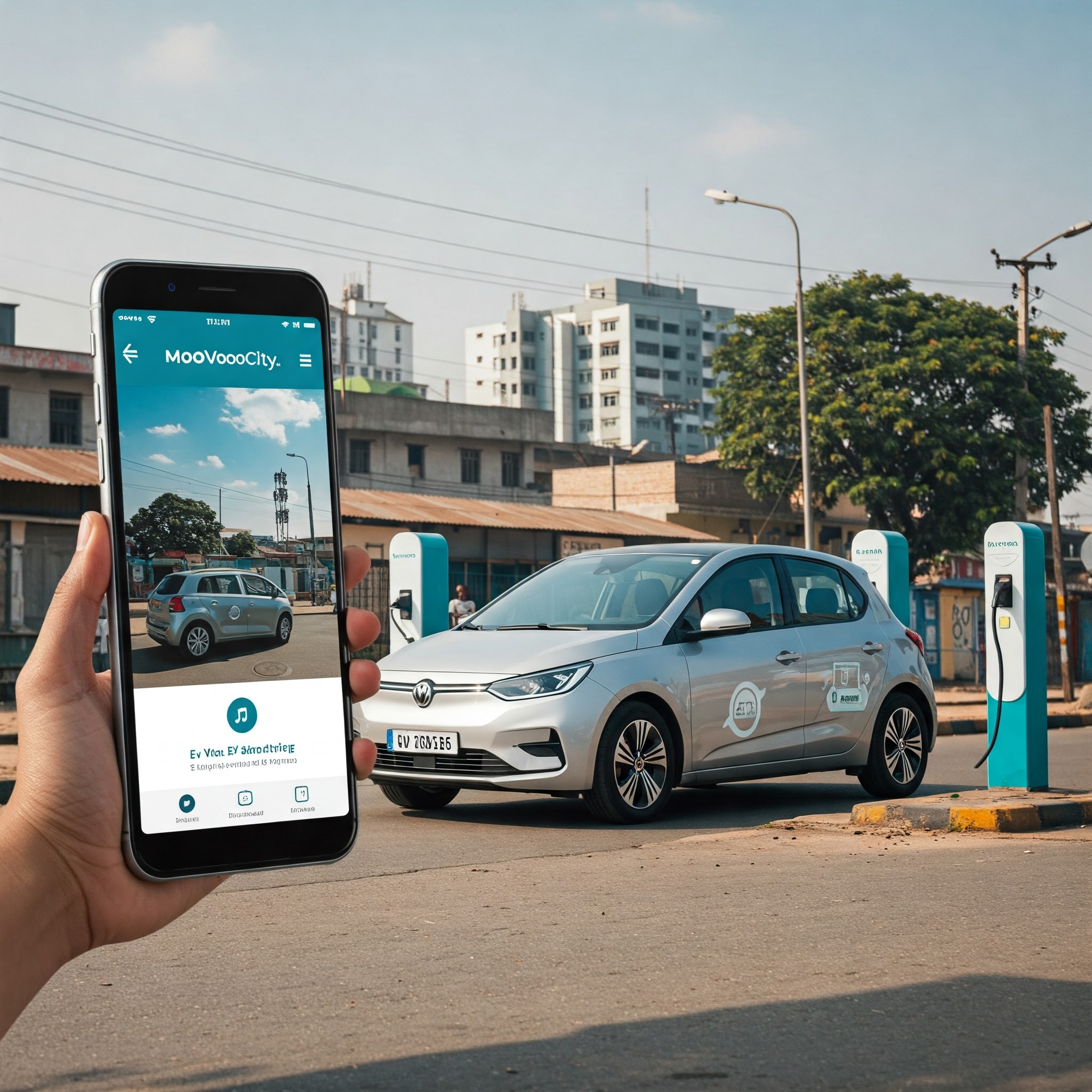 Electric vehicle charging station with MooVooCity branding